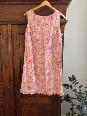 Vintage White Stag Pink Floral Sleeveless Dress Retro Cottagecore Linen Blend